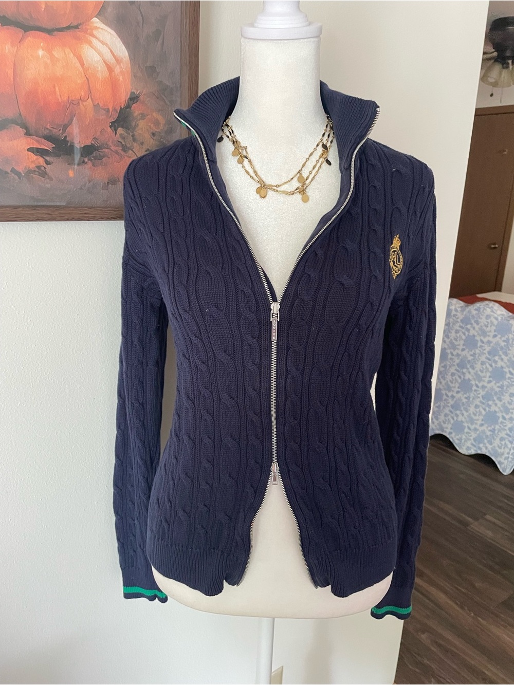 Lauren Active Ralph Lauren Y2K Navy Blue Cable Knit Crest Zip Sweater Small